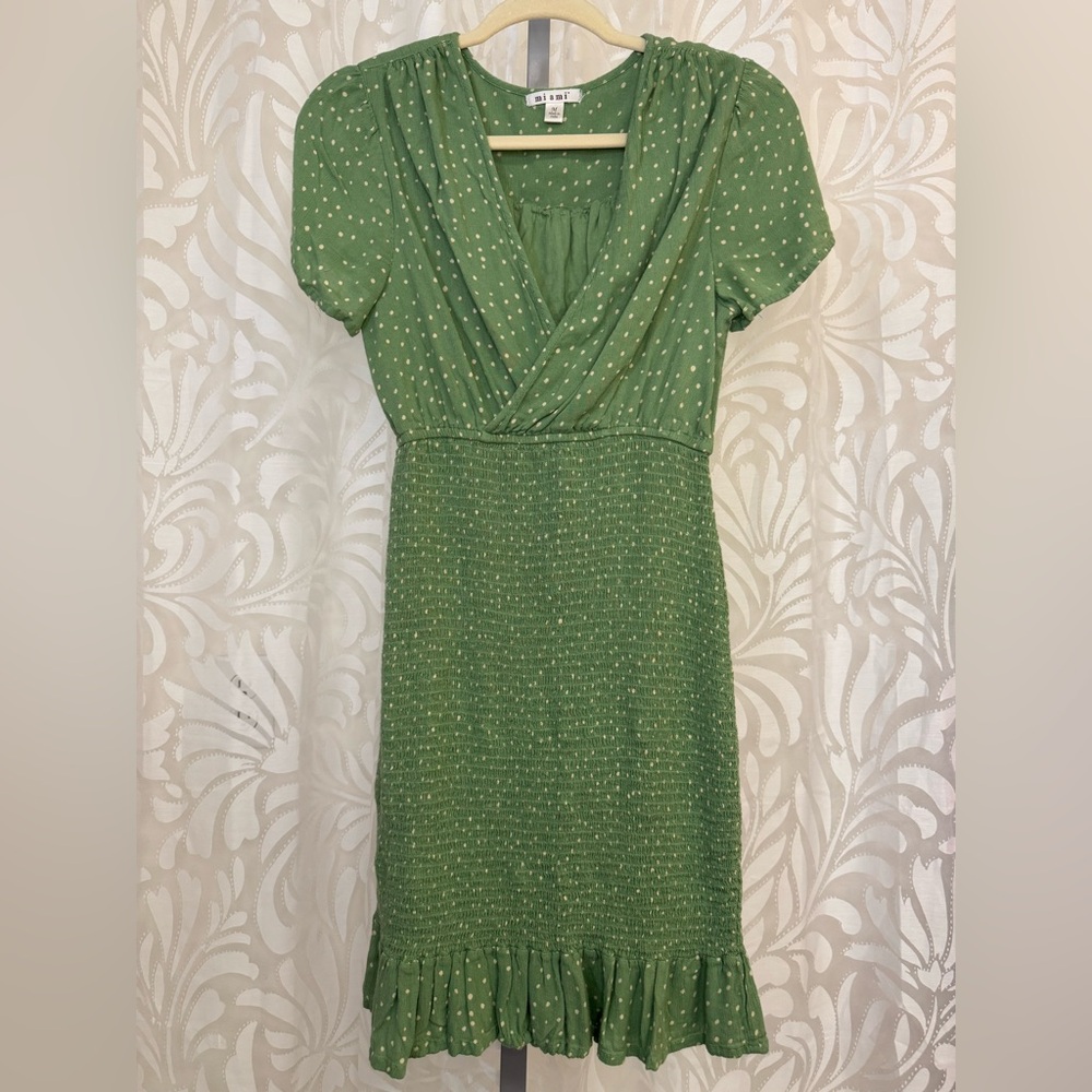 Miami Green Ruched Form Fitted V-Neck Cross Wrap Ruffle Trim Sundress Size M